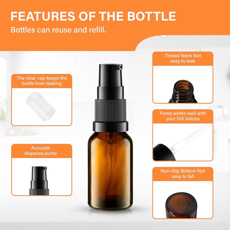 VitalUp 12 Pack Empty Refillable Glass Amber Pump Bottle Ideal for Lotion Cream Essential Oil Travel Small Container, 15ml - Image 4